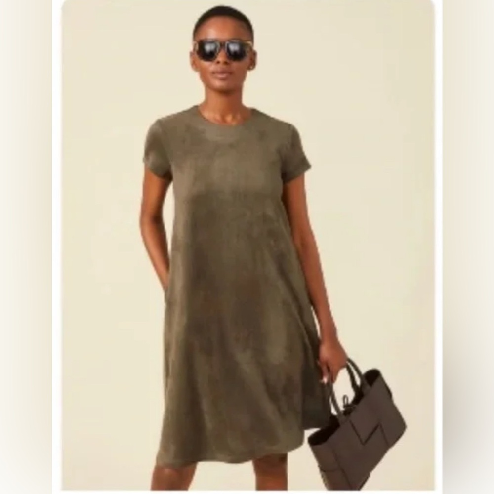 J.McLaughlin Faux Suede Crew Neck Dress Cap Sleeve Olive Green Small